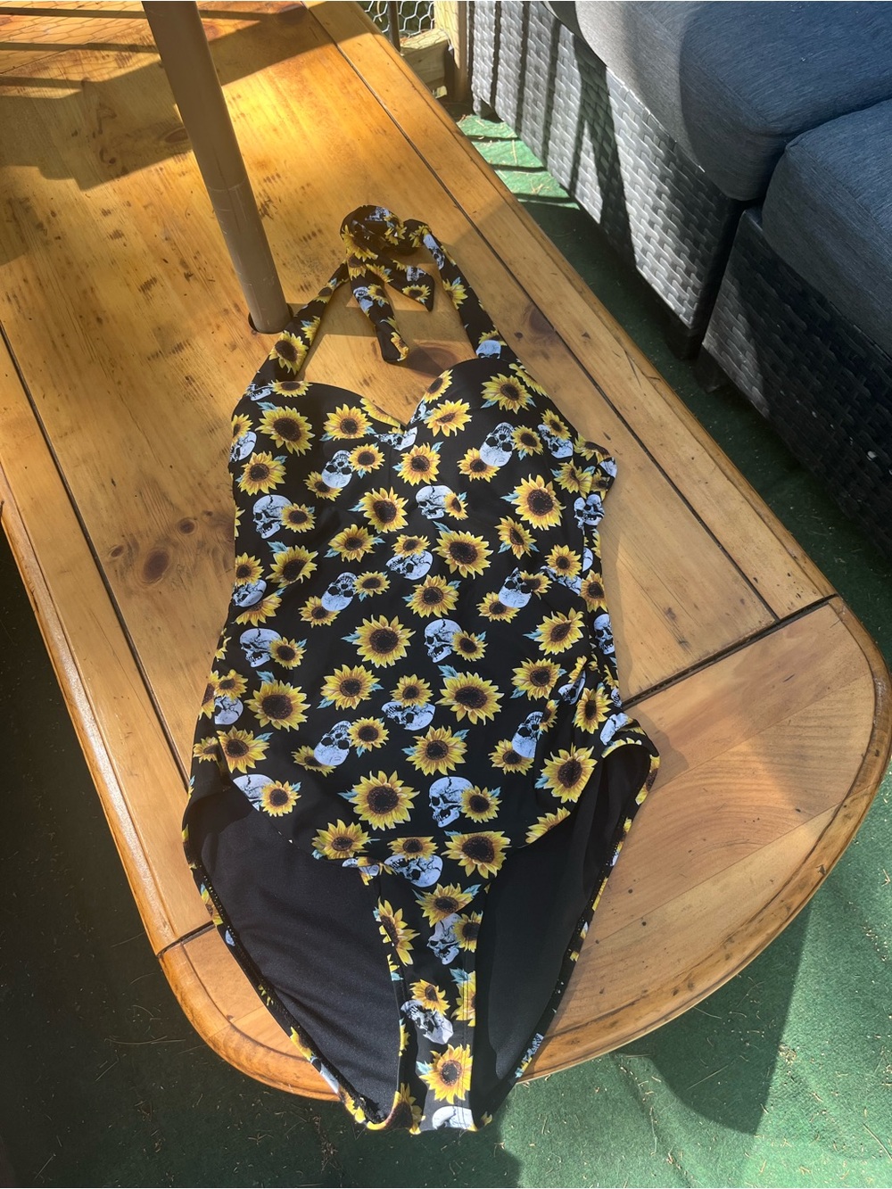 Hot Topic Black Sunflower & Skull Halter One-Piece Swimsuit